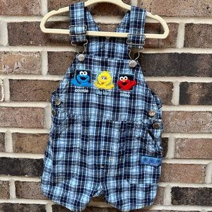 Sesame Street Blue Plaid Baby Shortalls Overalls with Character Appliqués 18m